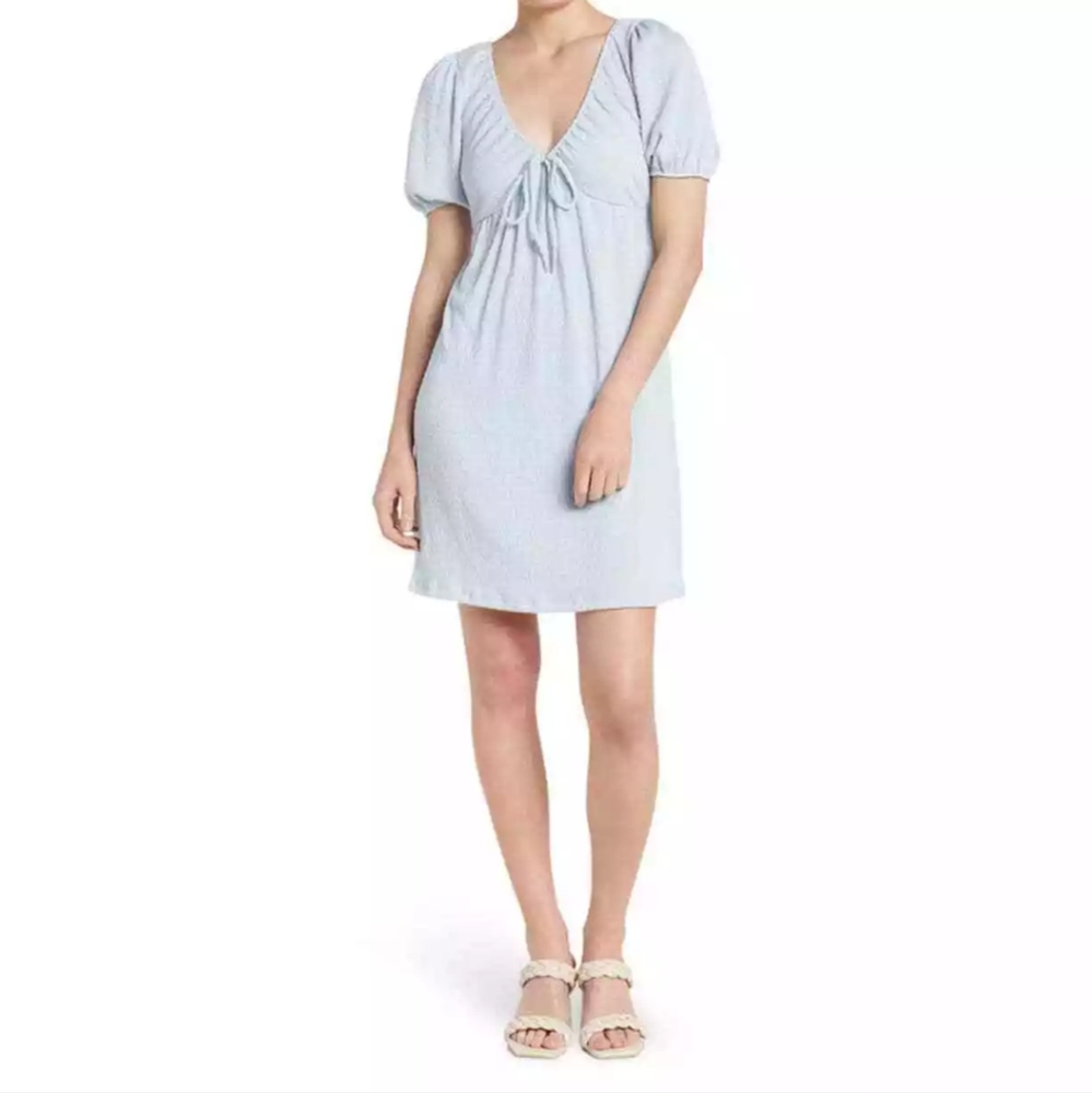 NWT Good Luck Gem V-Neck Bow Puff Sleeve Mini Dress Women's S Blue Minimalist - Picture 1 of 10